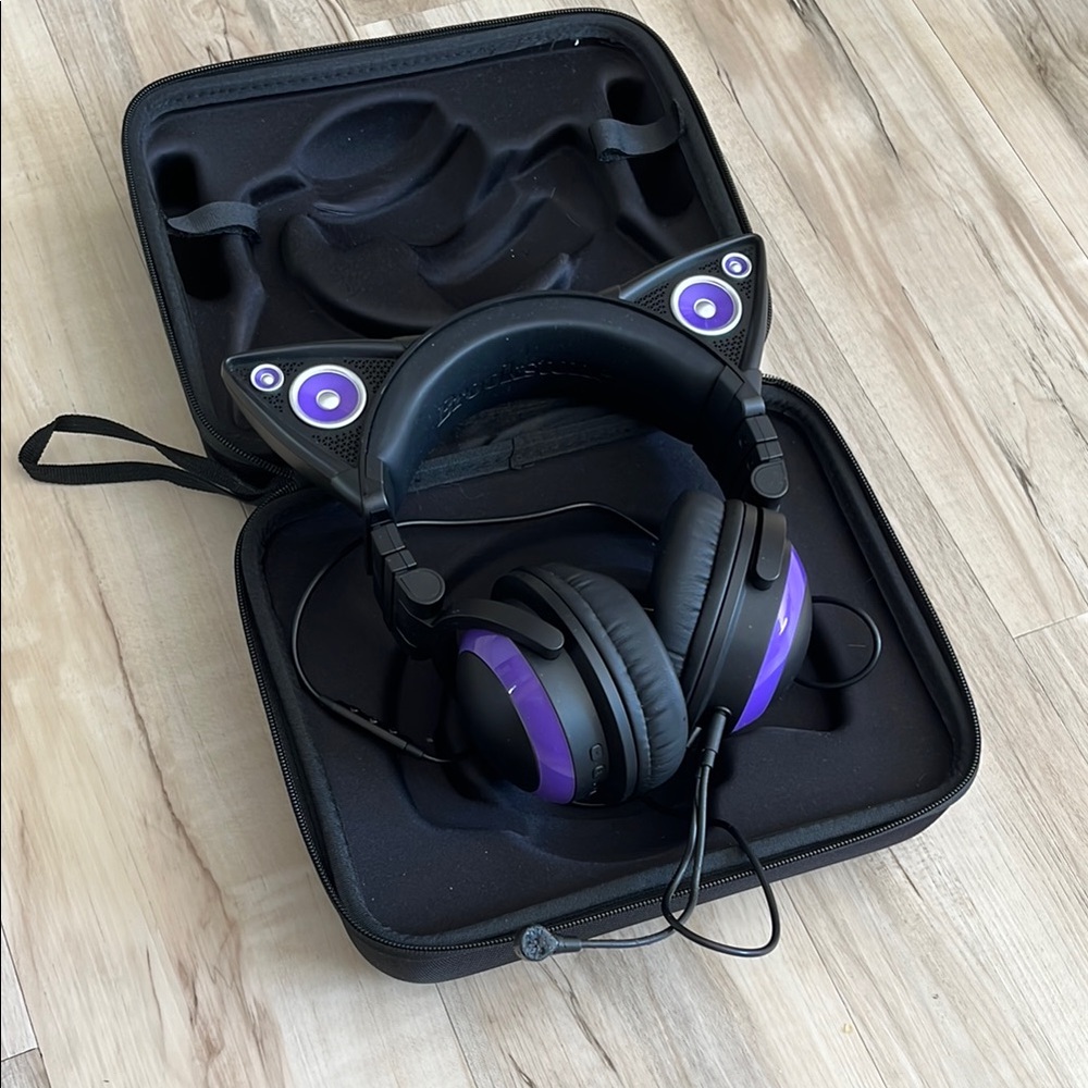 Black and Purple Cat Ear Headphones with Case